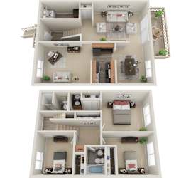 A 3D floor plan of a house with two bedrooms, a living room, a kitchen, and a bathroom.