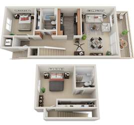 A 3D floor plan of a two-bedroom apartment with a living room, kitchen, and bathroom.