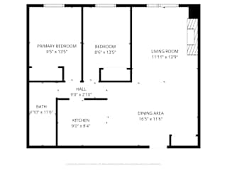 A floor plan for a home with a primary bedroom, bedroom, living room, hall, bath, kitchen, and dining area.