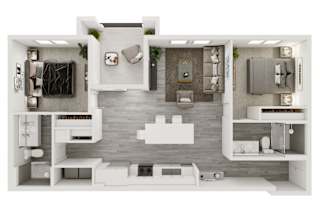 a 3d floor plan of a bedroom with a bathroom and a living room