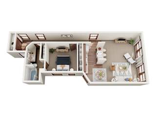 A top-down view of a small apartment with a kitchen, living room, and bedroom.