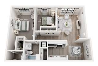 A top-down view of a small apartment with a kitchen, living room, and bathroom.