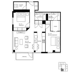A floor plan of a house with a balcony and a laundry room.