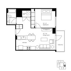 A floor plan of a house with a laundry room, bathroom, kitchen, living room, bedroom, and balcony.