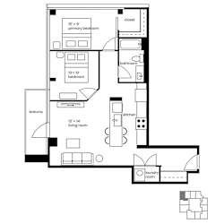 A floor plan of a small apartment with a living room, kitchen, two bedrooms, and a bathroom.