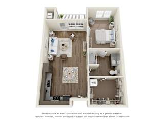 A floor plan of a small apartment with a kitchen, living room, and bedroom.