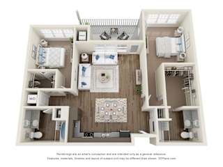A 3D floor plan of a house with a kitchen, living room, and bathrooms.