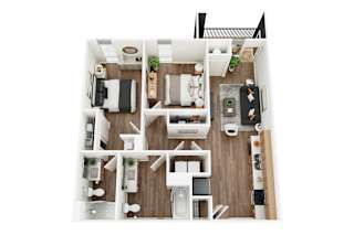 A top-down view of a modern apartment layout with a kitchen, living room, and bathroom.
