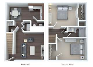 the layouts of the first and second floor of a 2103 sq ft apartment