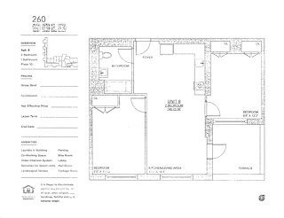 A floor plan for a 260 square foot apartment with two bedrooms and a lobby.