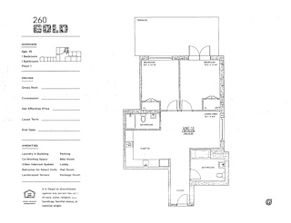 A floor plan for a 260 Gold apartment with Laundry in Building, Parking, Co-Working Space, Video Intercom System, Balconies for Select Units, Landscaped Terrace, Package Room, and