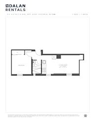 A Dalan Rentals floor plan for a 1 bedroom, 1 bath apartment.
