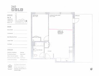 A floor plan for a 260 square foot unit with a living area, bedroom, bathroom, and lobby.