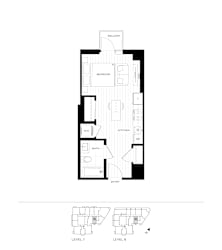 A black and white image of a floor plan for a building with a balcony, an interior layout, and two smaller floor plans labeled Level 7 and Level 8.