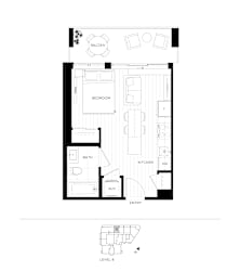 A floor plan of a small apartment with a bedroom, bathroom, kitchen, and living room.