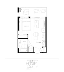 A black and white floor plan of a small apartment with a bedroom, bathroom, kitchen, and entryway.