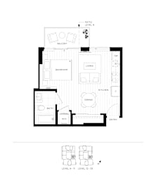 A black and white floor plan of a house with a balcony, red room, living room, kitchen, dining room, bathroom, and entry.