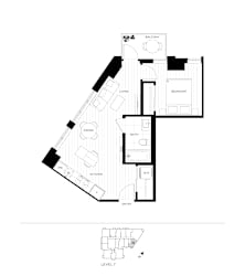 A black and white floor plan of a house with a balcony, dining room, kitchen, bathroom, and living room.