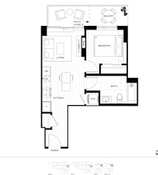 A black and white floor plan of a house with a balcony, living room, kitchen, bathroom, and bedroom.