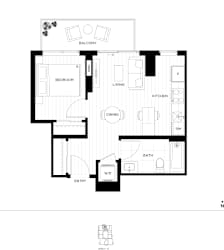 A black and white floor plan of an apartment with a balcony.