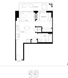 A black and white floor plan of a small apartment.