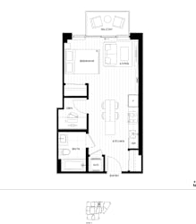 A black and white image of a floor plan for a two bedroom apartment.