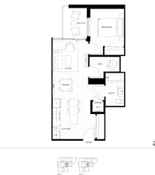 A black and white floor plan of a house with a living room, dining room, kitchen, and bathroom.