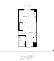 A floor plan of a house with a bedroom, bathroom, kitchen, and living room.