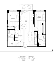 A black and white image of a floor plan for a two bedroom apartment.