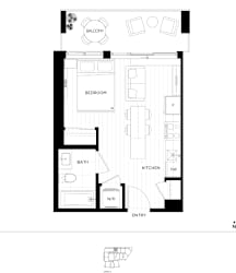A black and white image of a floor plan for a small apartment.