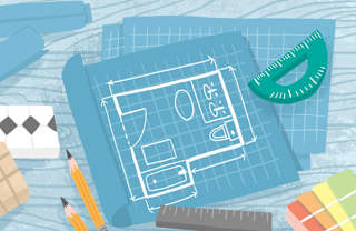A blueprint with a pencil, ruler, and other stationery items.
