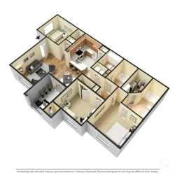 A 3D floor plan of a house with multiple rooms.