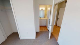 a bedroom with a door open to a bathroom