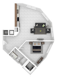 A top-down view of a house layout with a kitchen, living room, and two bedrooms.