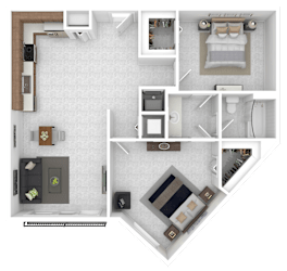 A 3D floor plan of a small apartment with a kitchen, living room, and bedroom.