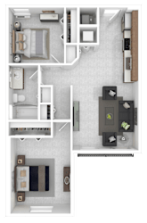 A floor plan of a house with a kitchen, living room, and two bedrooms.