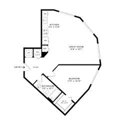 A floor plan of a house with a kitchen, bathroom, great room and bedroom.