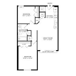 A floor plan of a home with a kitchen, bathroom, bedroom, and great room.