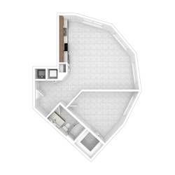 A white pentagon shaped house with a brown door and a small balcony.
