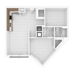 A floor plan of a small apartment with a kitchen, living room, and bathroom.