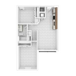A floor plan of a small apartment with a kitchen, living room, and bathroom.