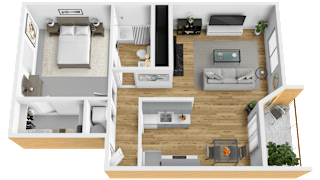 A top-down view of a small apartment with a bedroom, living room, and kitchen.