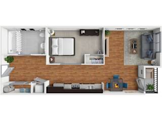 A top-down view of a living room with a couch, a coffee table, and a bookshelf.