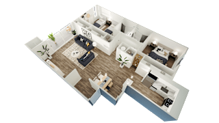 a 3d floor plan of a home with a bedroom and a living room