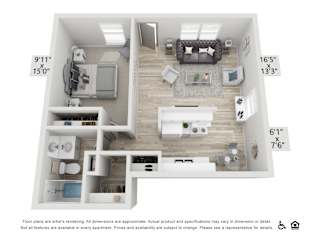 A floor plan of an apartment with a living room, kitchen, and bathroom.