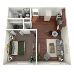 A 3D floor plan of a small apartment with a kitchen, living room, and bathroom.