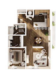 A top-down view of a kitchen with a dining table and chairs.