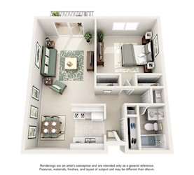 A 3D floor plan of a small apartment with a kitchen, living room, and bathroom.