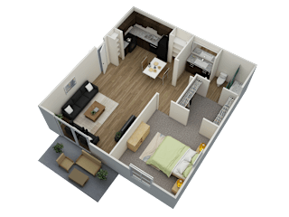 a 3d floor plan of a small apartment with a bedroom and living room
