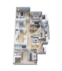 A 3D floor plan of a house with a living room, kitchen, dining room, and bedrooms.